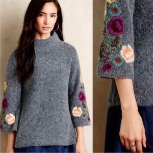 Anthropologie Sleeping On Snow Gray Sweater with Floral Embroidered